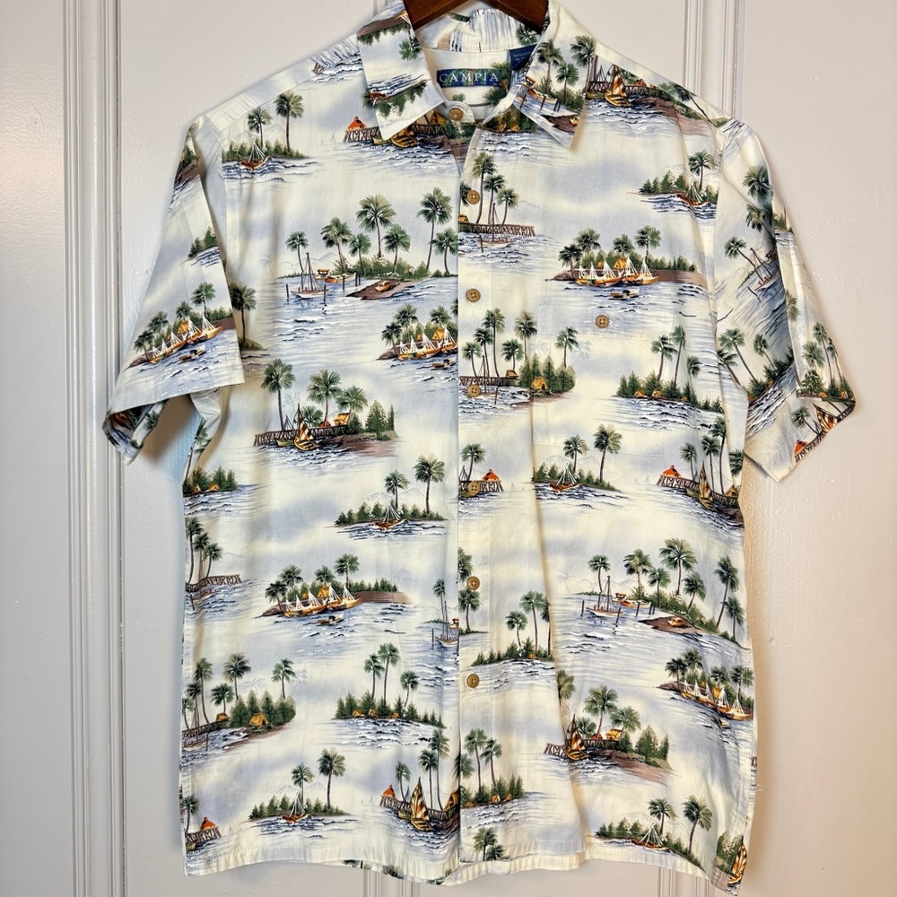Campia Mens Large Hawaiian Tropical Short Sleeve Beach Button Up Nautical‎ Boat